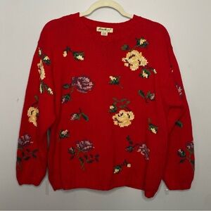 Vintage Eddie Bauer Sweater Petite Large Red Cotton Knit Floral Embroidered